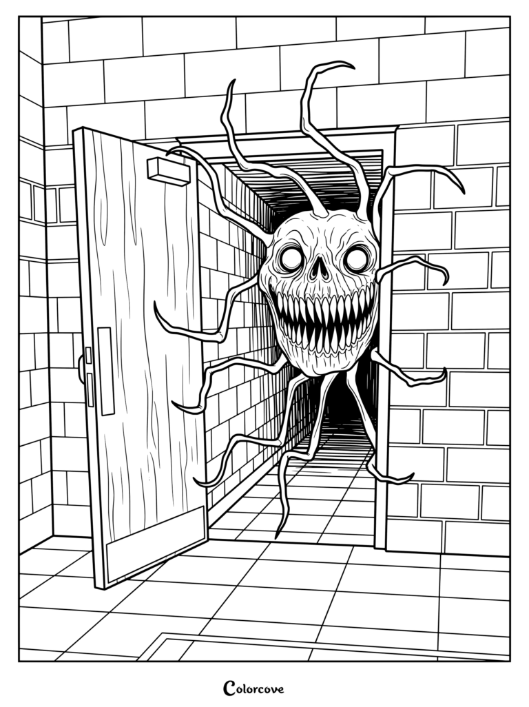 Página para colorear de Analog Horror con The Smile Room, una creación ficticia de arte de terror del artista Trevor Henderson.