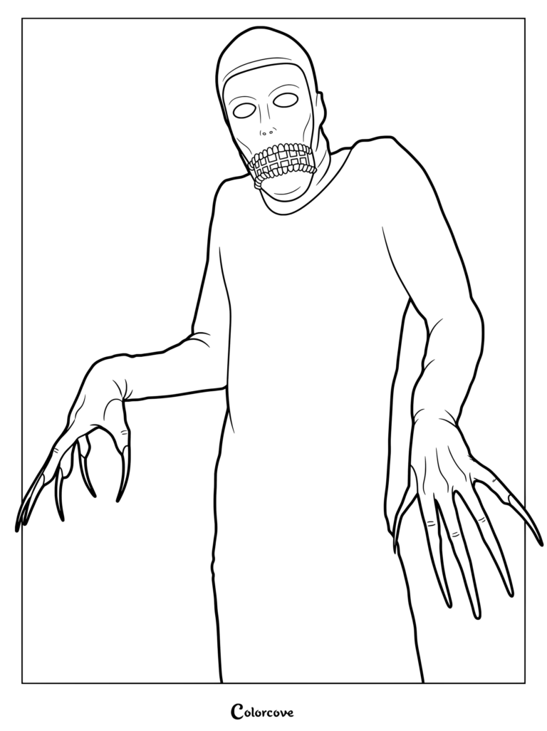 Página para colorear de Analog Horror con The Mourner con largos dedos con garras y una boca en forma de rejilla.