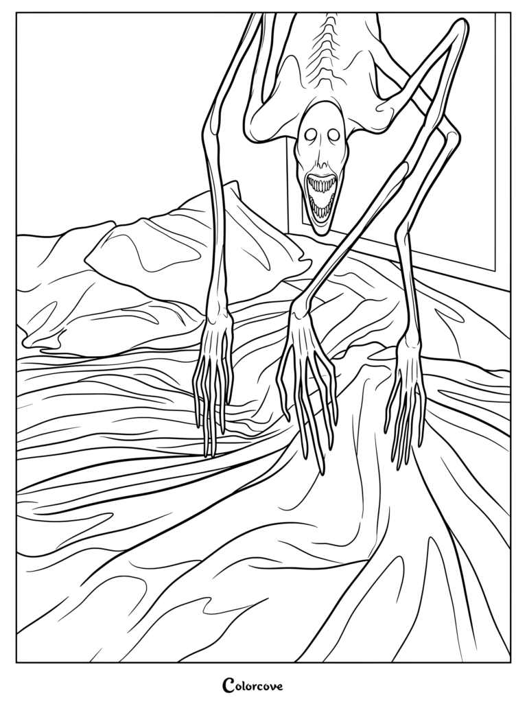 Página para colorear de Analog Horror con una criatura pálida de extremidades largas parada amenazantemente sobre una cama.