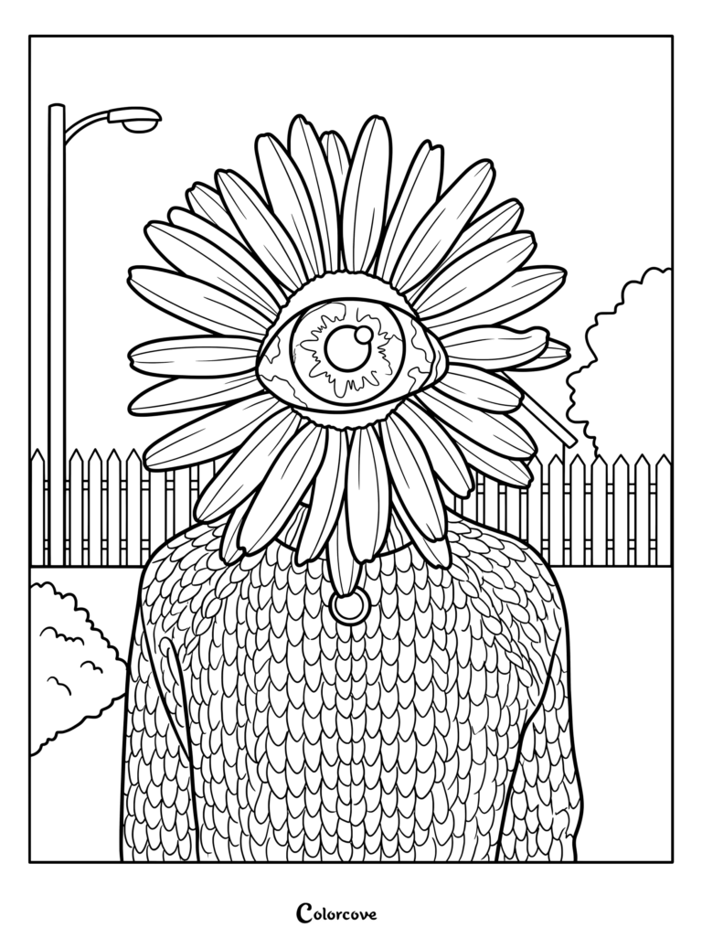 Página para colorear de Analog Horror con una pieza de arte digital surrealista de estética dreamcore y weirdcore, que muestra a una persona con cabeza de margarita centrada en un gran ojo humano sin parpadear.