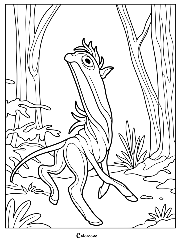Página para colorear de Analog Horror con un póney infectado de Divine Swamp Fever de pie en un bosque.