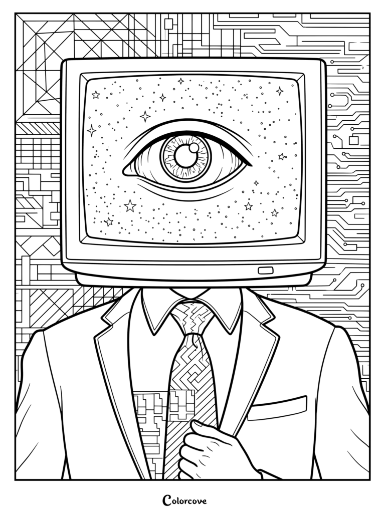 Página para colorear de Analog Horror con arte digital de una figura con cabeza de televisión y un gran ojo estrellado en la pantalla.