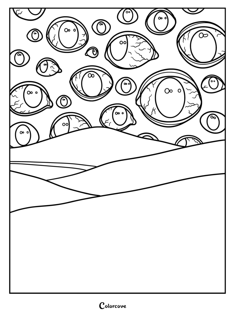 Página para colorear de arte digital surrealista con una escena de Analog Horror, que muestra un cielo oscuro lleno de ojos gigantes observando sobre la clásica colina verde Bliss de Windows XP.