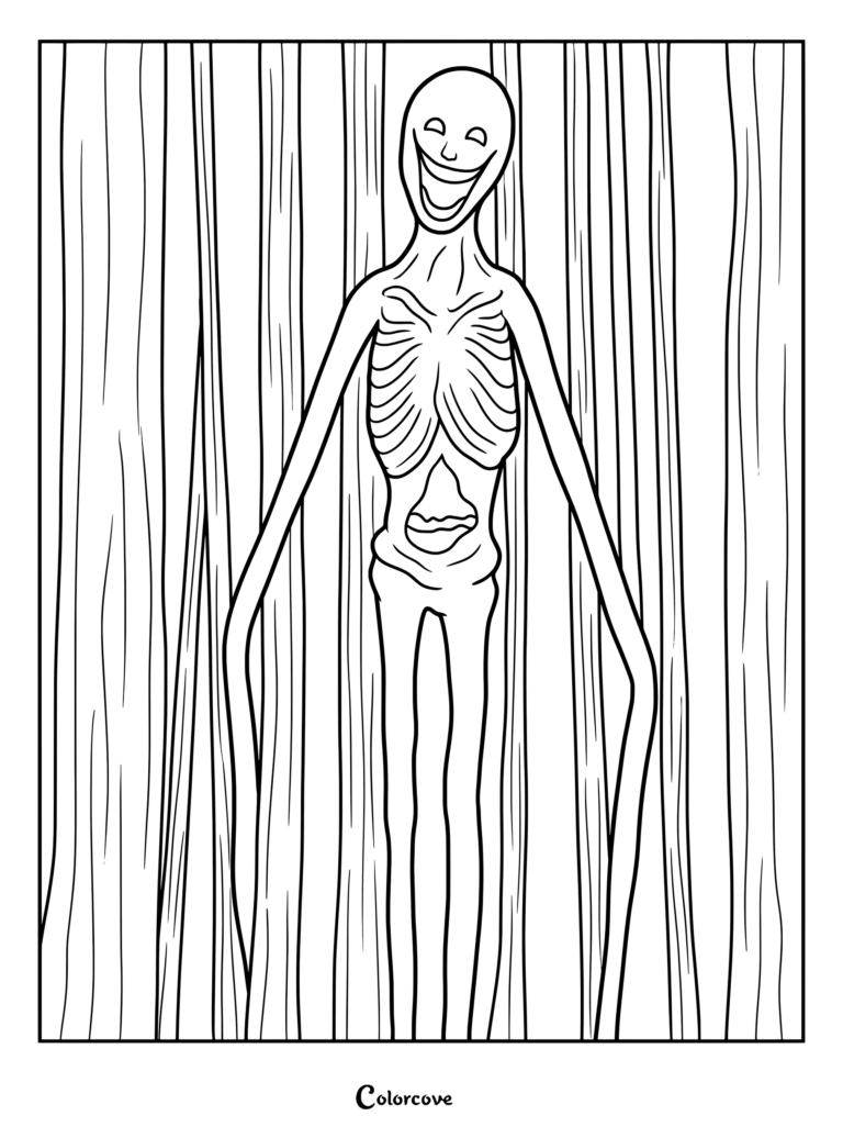 Página para colorear de Analog Horror con una criatura humanoide desnaturalmente alta, pálida y demacrada con brazos alargados, caja torácica expuesta y una amplia sonrisa entre árboles oscuros.