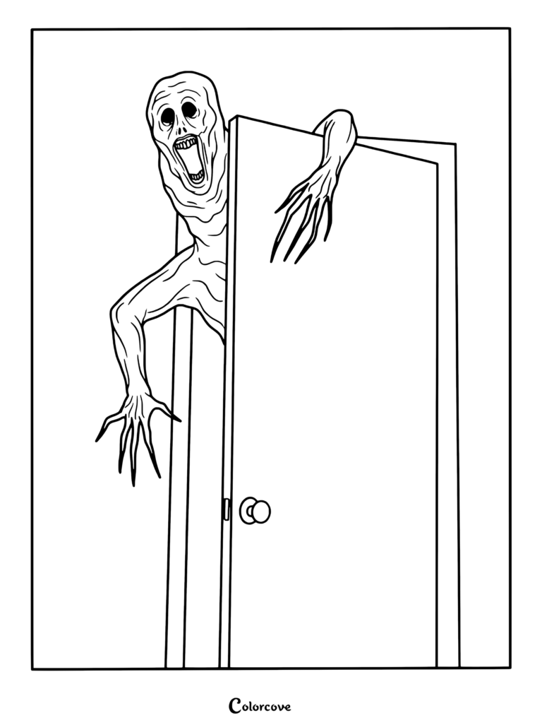 Página para colorear de Analog Horror con arte digital de un personaje de Doctor Nowhere perteneciente a Wholesome Horror.