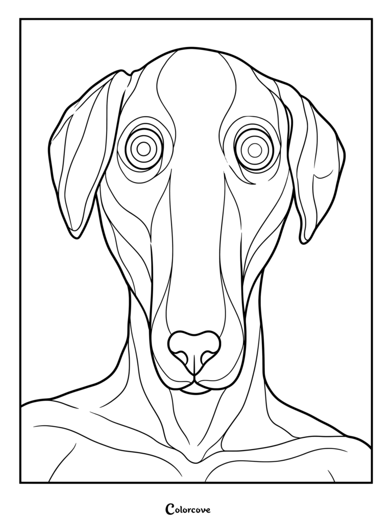 Página para colorear de Analog Horror con Dexter el Perro, una criatura espeluznante con amplios ojos hipnóticos.