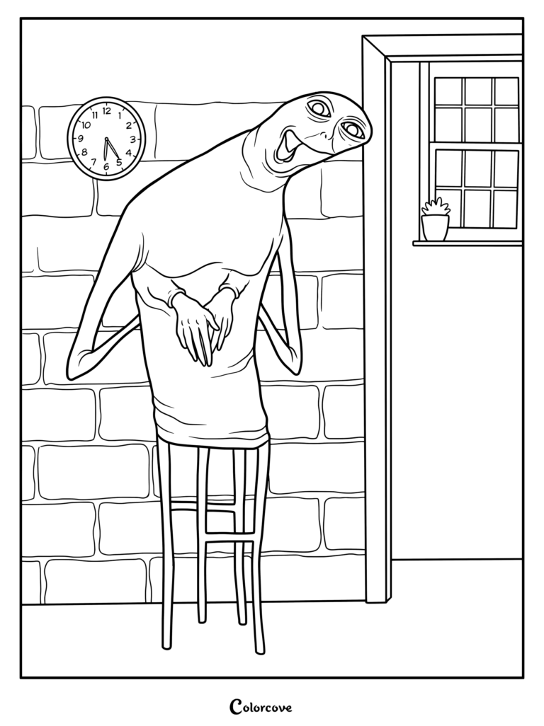 Página para colorear de Filbus con el personaje surrealista y espeluznante de la serie de Analog Horror creada por el artista Doctor Nowhere, de pie cerca de un reloj y una ventana.