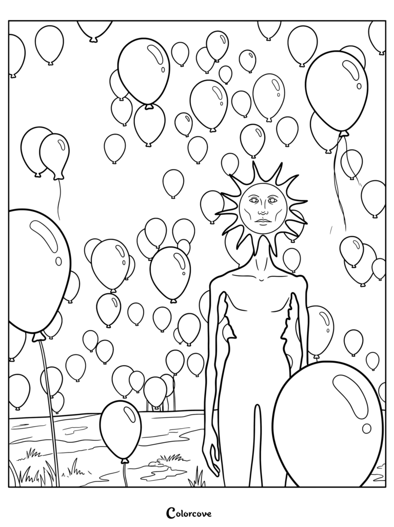 Página para colorear imprimible de Jeppy, también conocido como Sunman, entre numerosos globos flotantes en una obra de arte de Analog Horror.