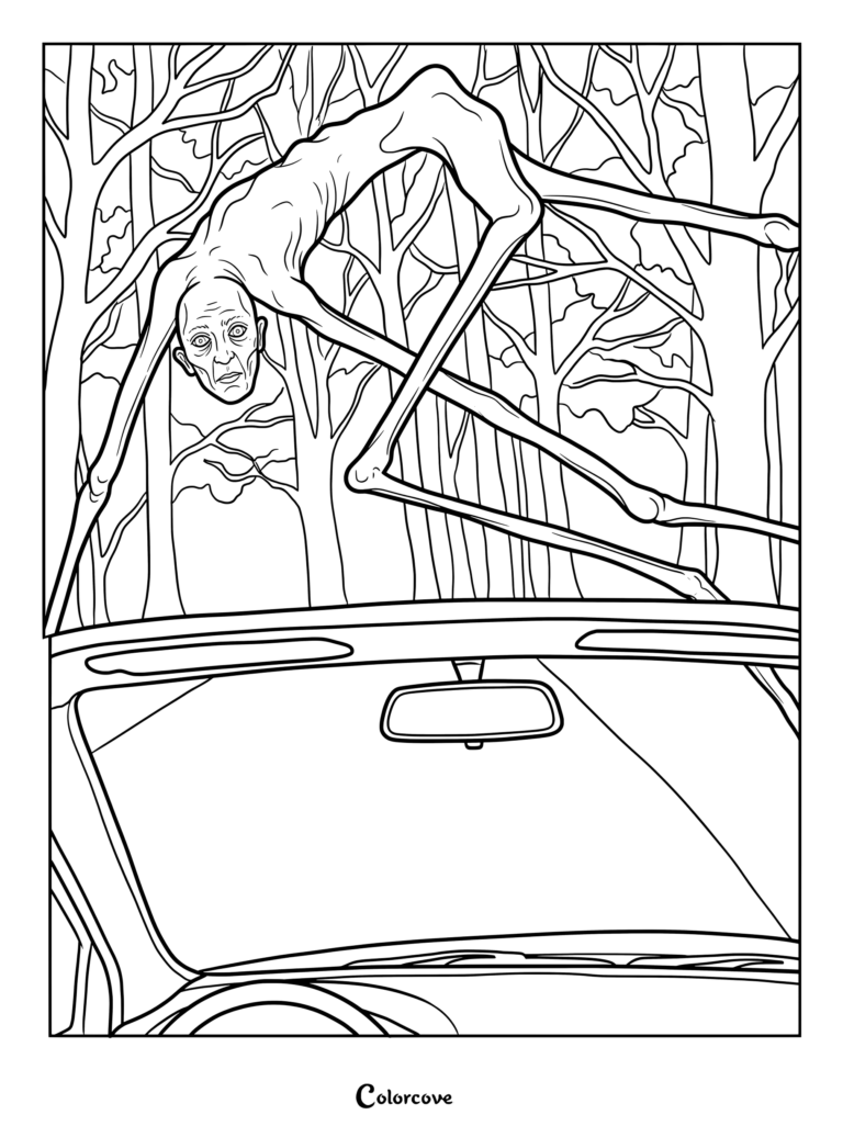 Página para colorear de Analog Horror con la obra de arte digital de la criatura ficticia Country Road Creature del artista de terror Trevor Henderson acechando sobre un coche en el bosque.