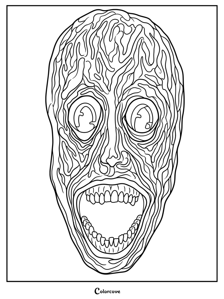 Página para colorear de Analog Horror con un rostro humano angustiado con texturas en espiral y una boca gritando.
