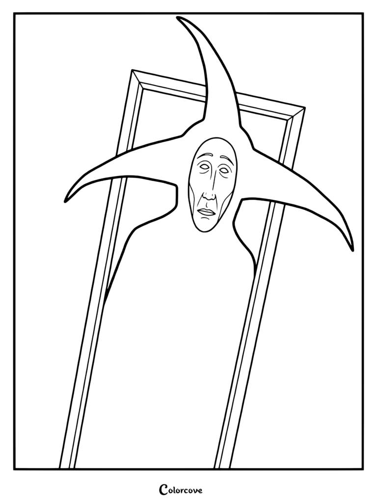 Página para colorear imprimible de Obelisk, la criatura alta y oscura de la serie en YouTube de la wiki de Analog Horror por Lizardmeninc.