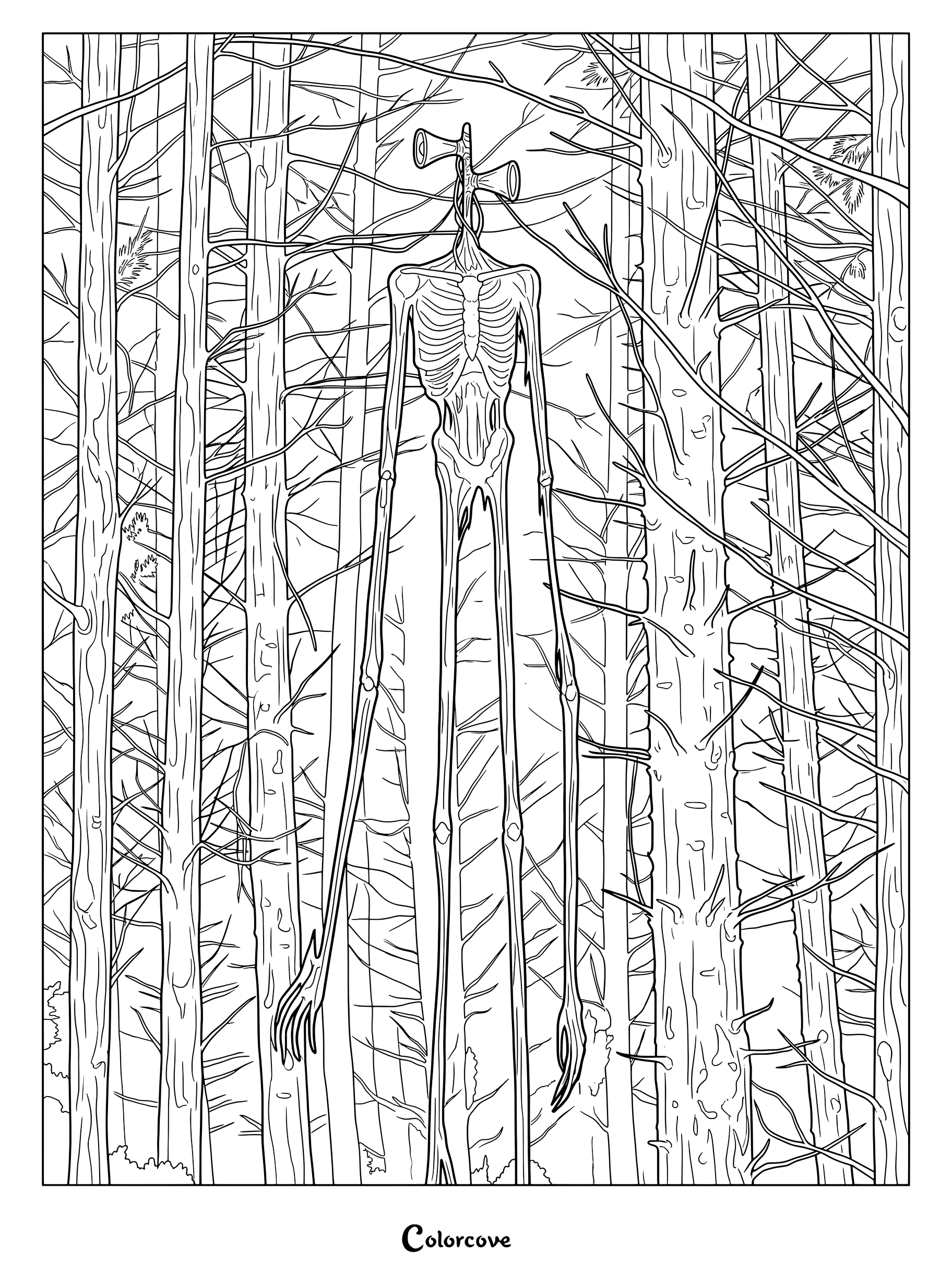 Coloriage Analog Horror représentant Siren Head dressé au milieu des arbres d'une forêt dense.