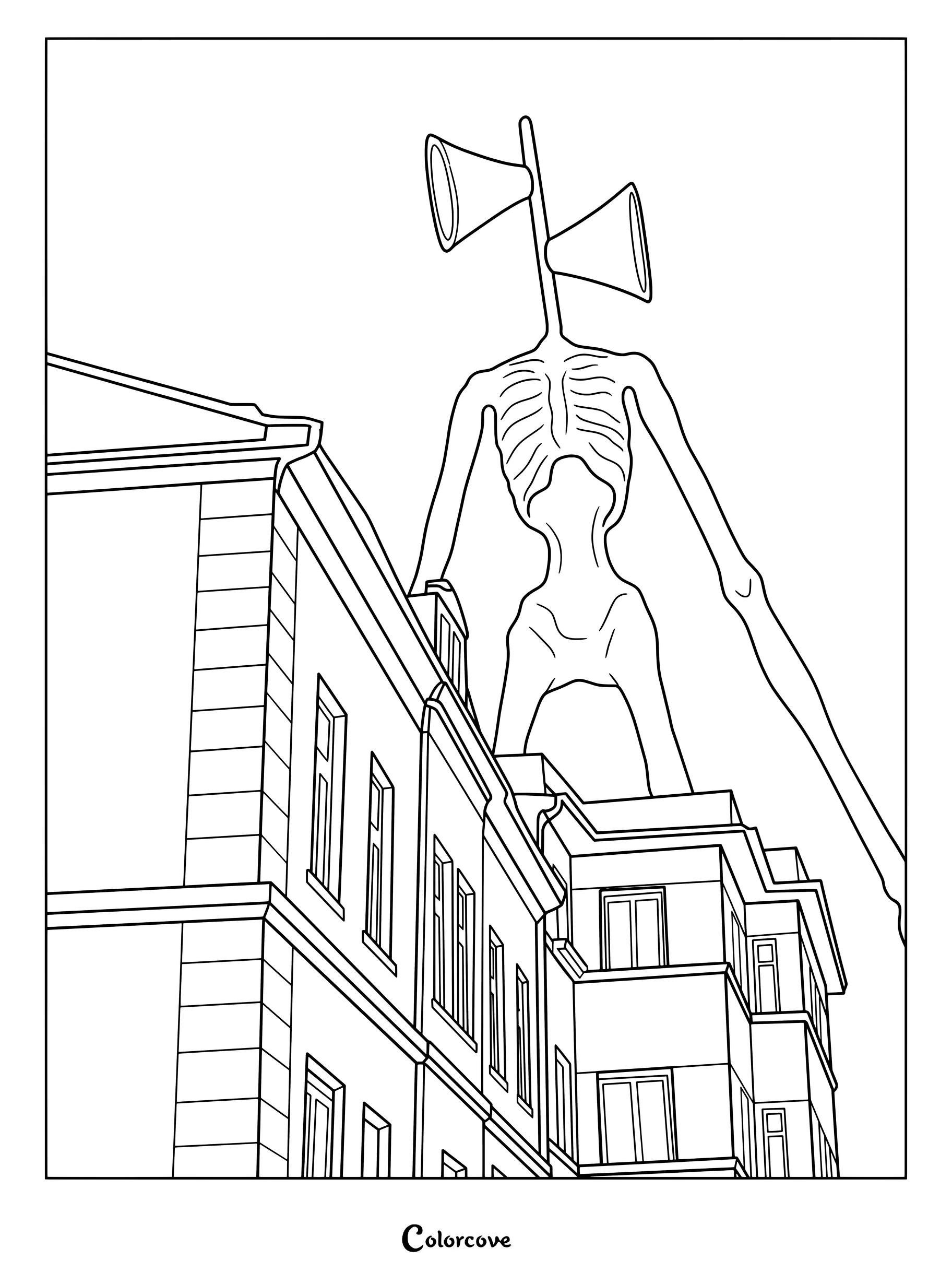 Coloriage Analog Horror montrant Siren Head dominant les immeubles d'une ville.