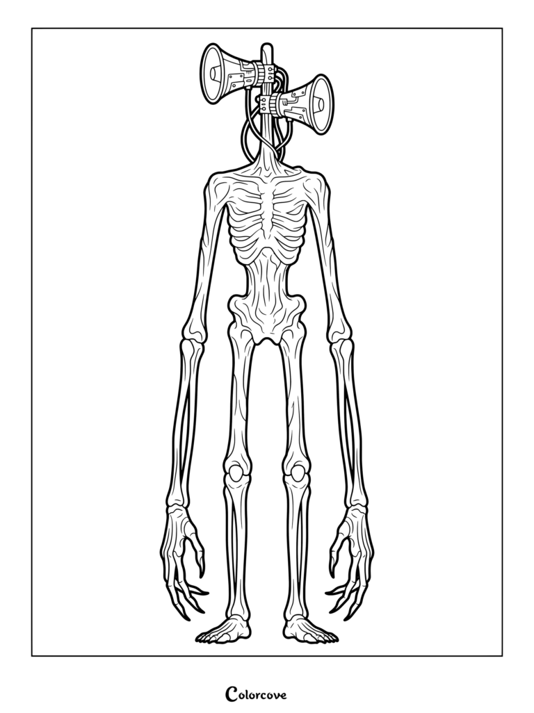 Dibujo para colorear de Siren Head con la alta criatura esquelética con sirenas.