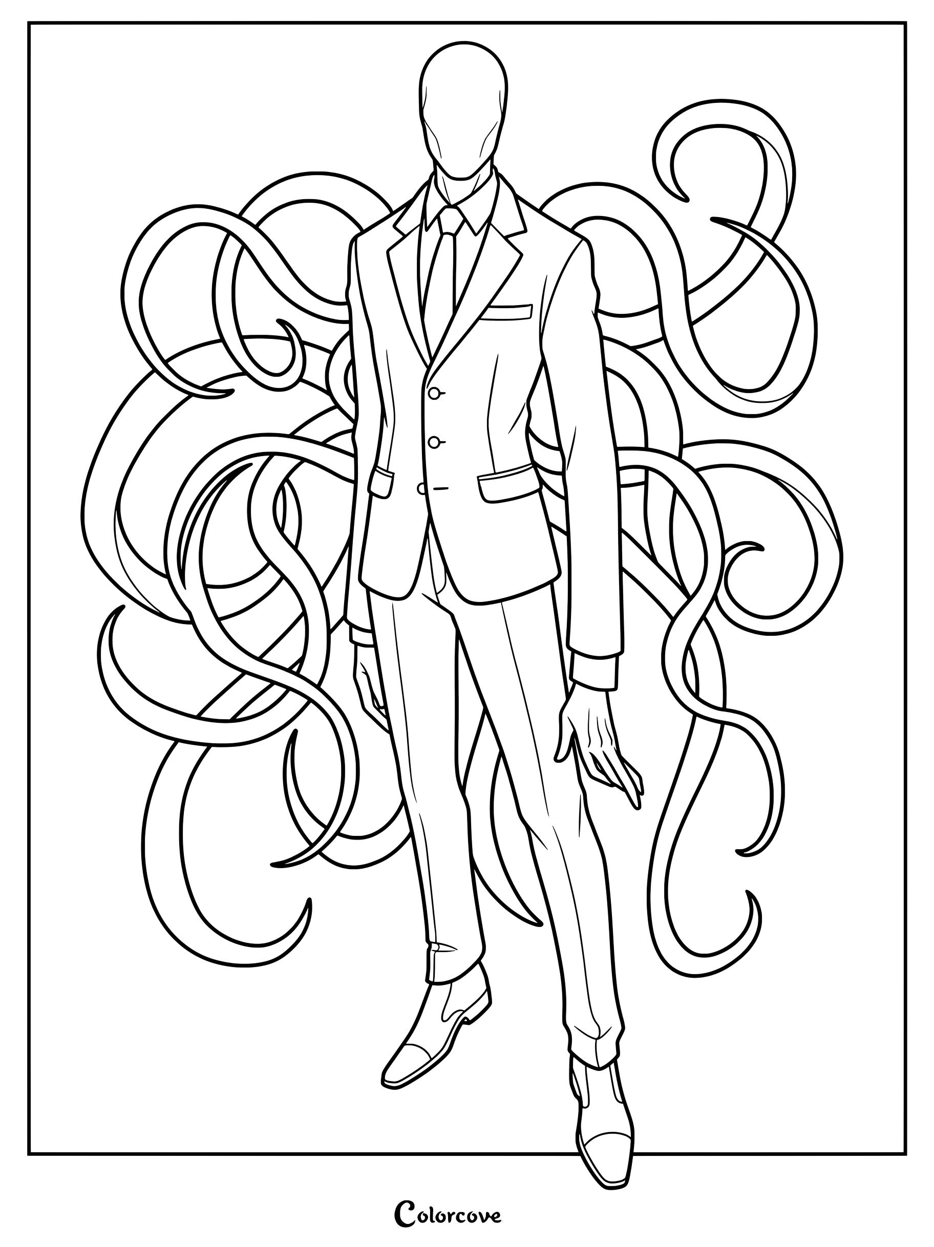 Coloriage Analog Horror mettant en valeur Splendorman dans son costume emblématique avec ses tentacules ondulants.