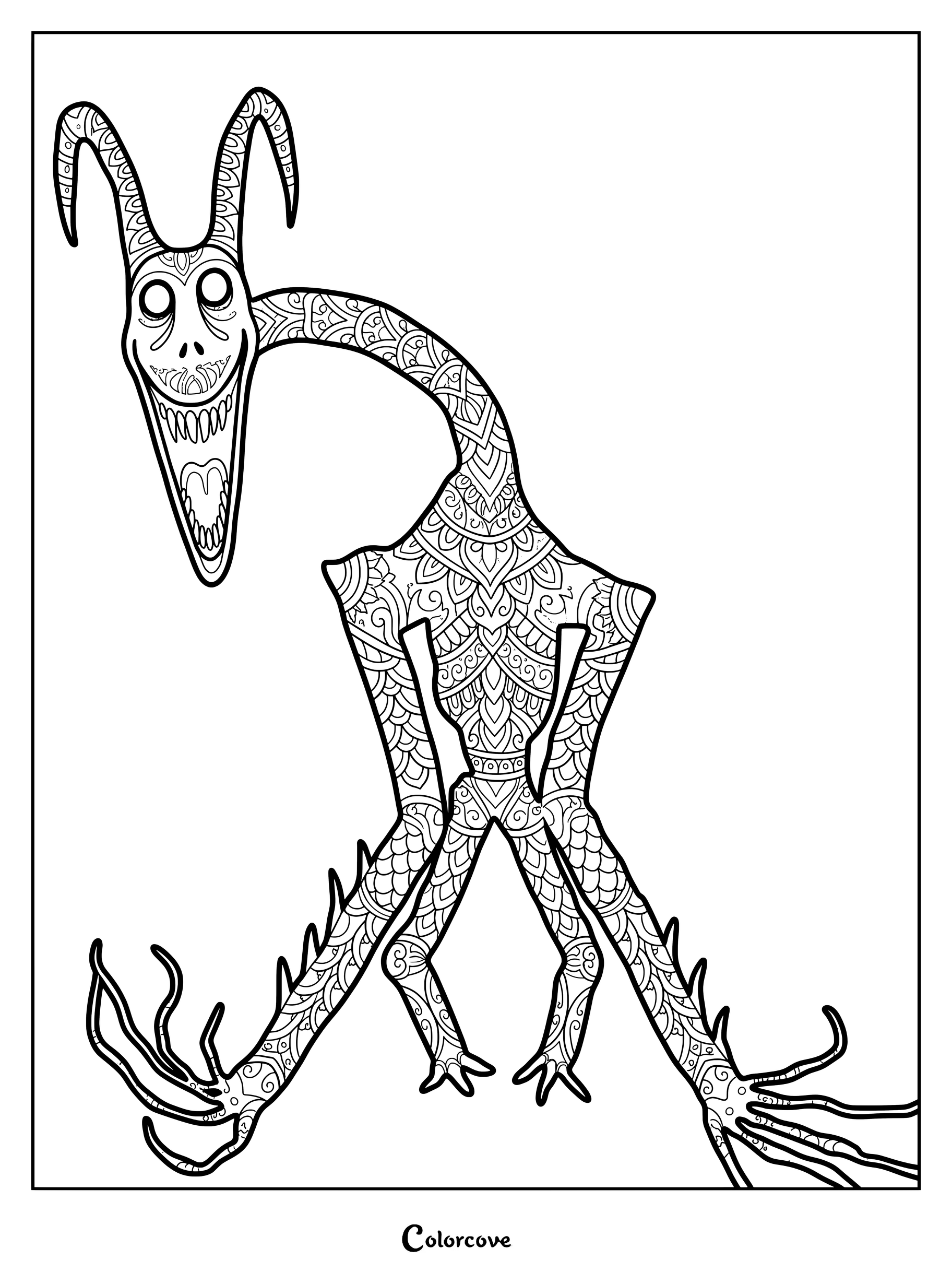 Coloriage Analog Horror présentant la créature Stalker ornée de motifs mandala complexes.