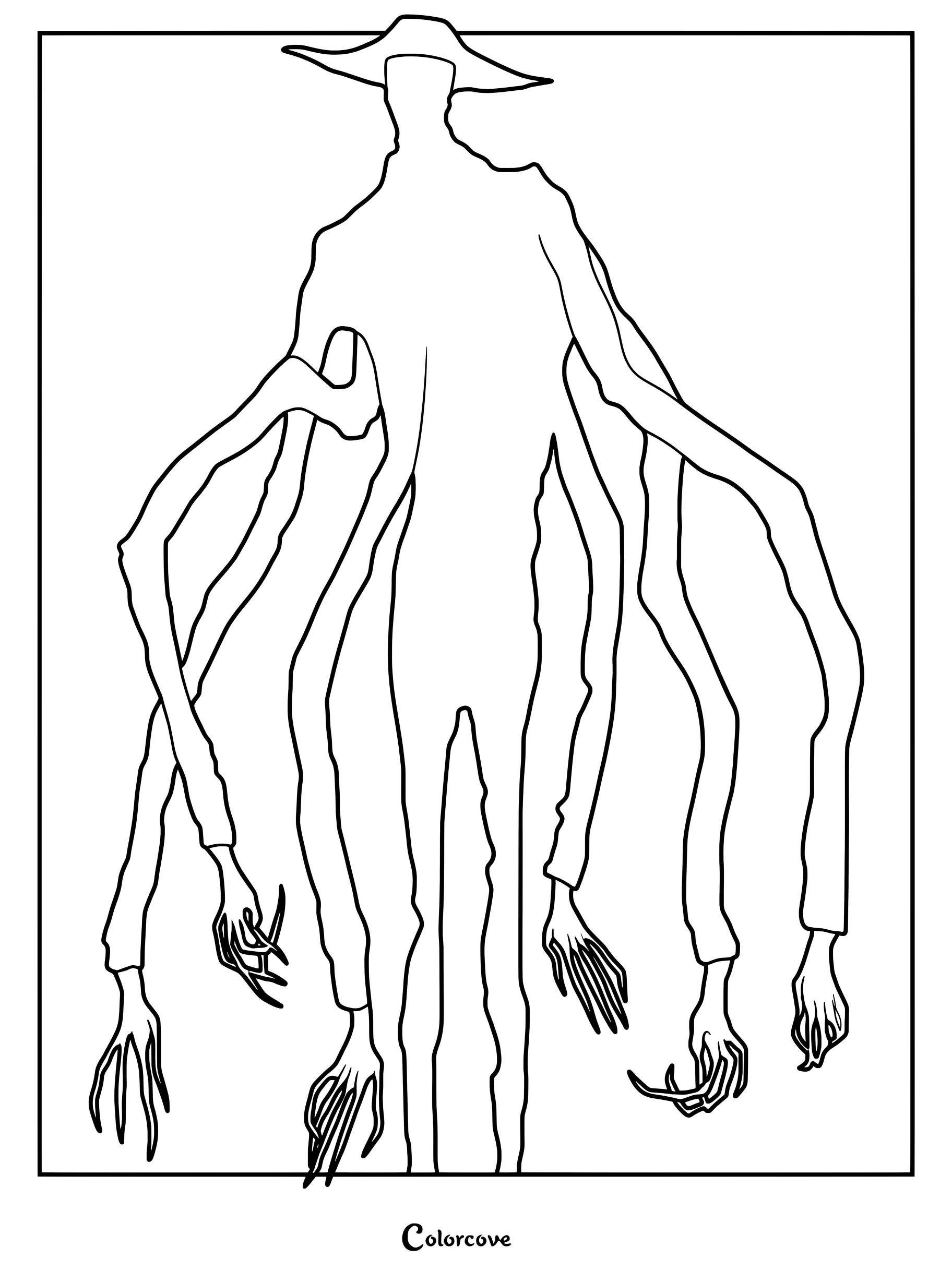 Coloriage de The Doctor représentant une immense entité d'Analog Horror aux multiples bras allongés et griffes acérées.