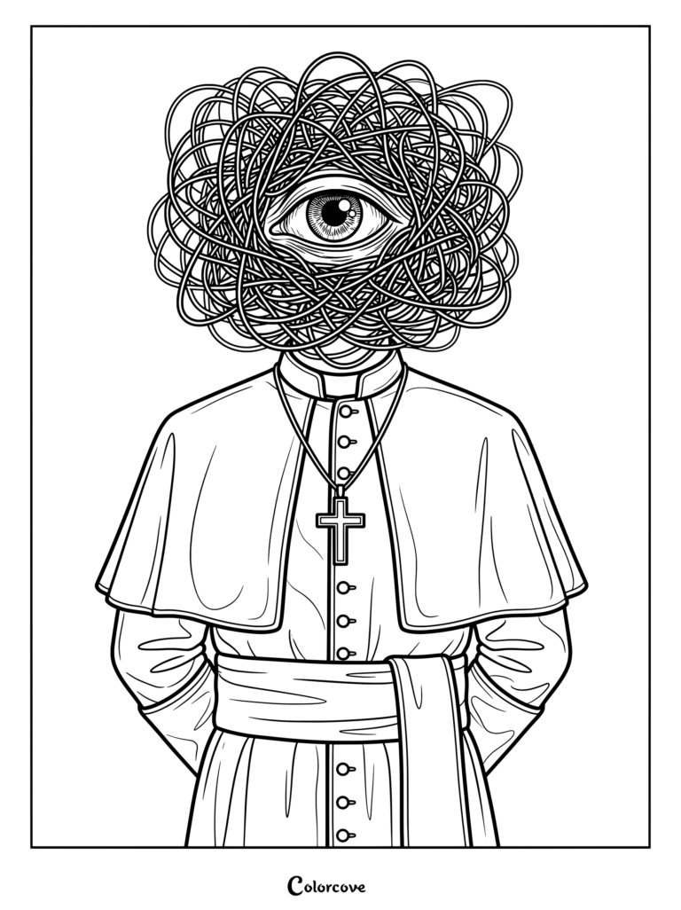 Página para colorear de Analog Horror con un sacerdote con una masa enredada por cabeza y un gran ojo central.