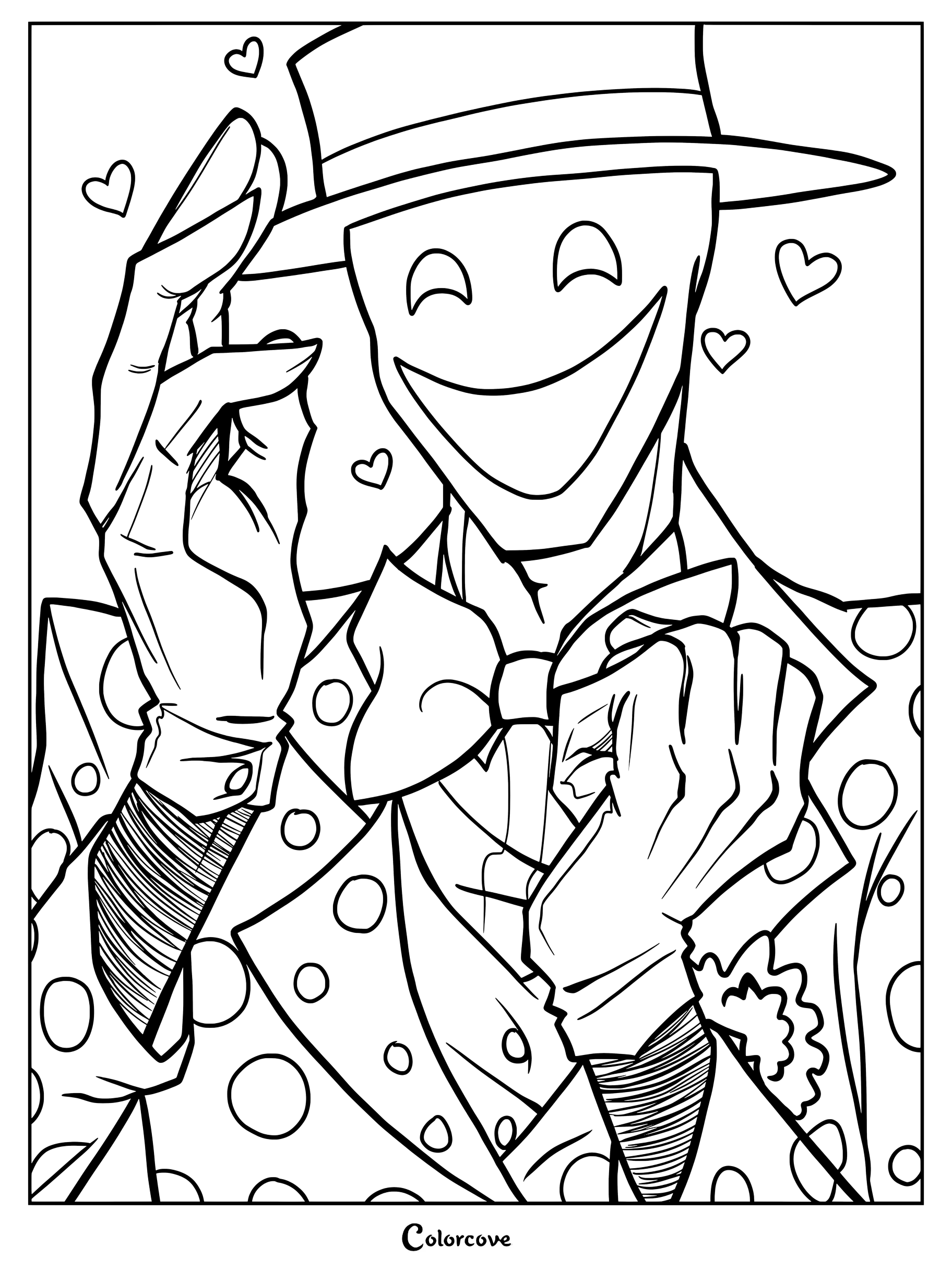 Coloriage fan art de Splendorman montrant le sympathique personnage en costume à pois entouré de cœurs, idéal pour les passionnés d'Analog Horror.