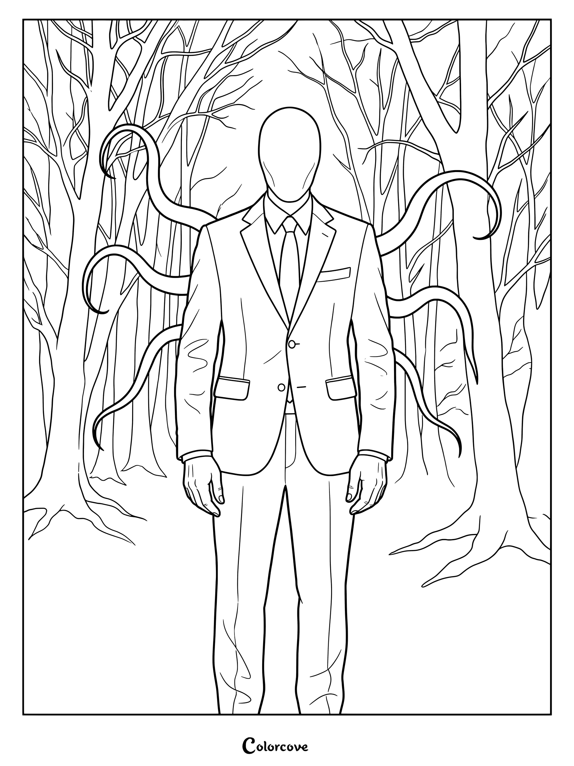 Coloriage Analog Horror représentant l'immense Slender Man sans visage en costume noir avec des tentacules au cœur d'une forêt.