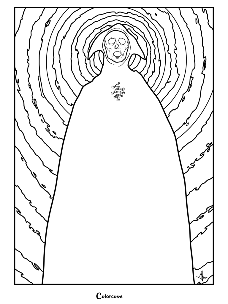 Página para colorear de Analog Horror que presenta a The Interloper de pie ante un portal cósmico en espiral.