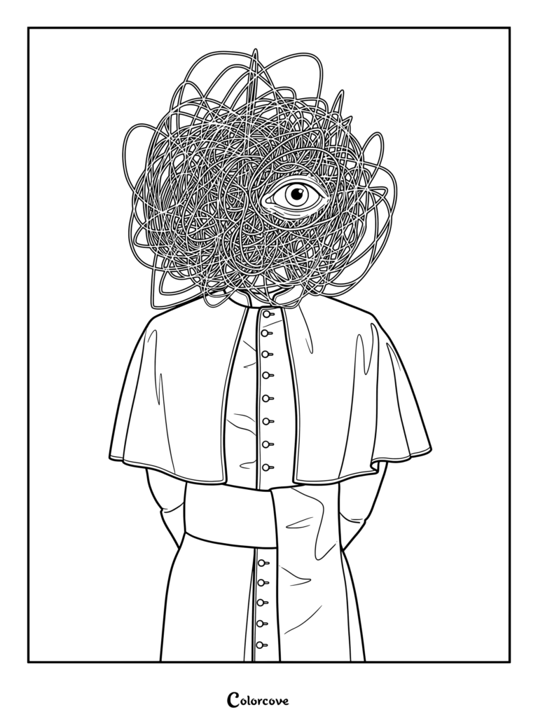 Una página para colorear de Analog Horror con un personaje de sacerdote que tiene un enredo de cables por cabeza y un solo ojo visible.