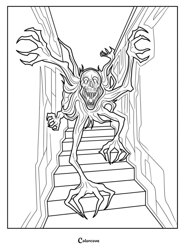 Página para colorear de Analog Horror con El Intruso descendiendo una oscura escalera con múltiples brazos esqueléticos.