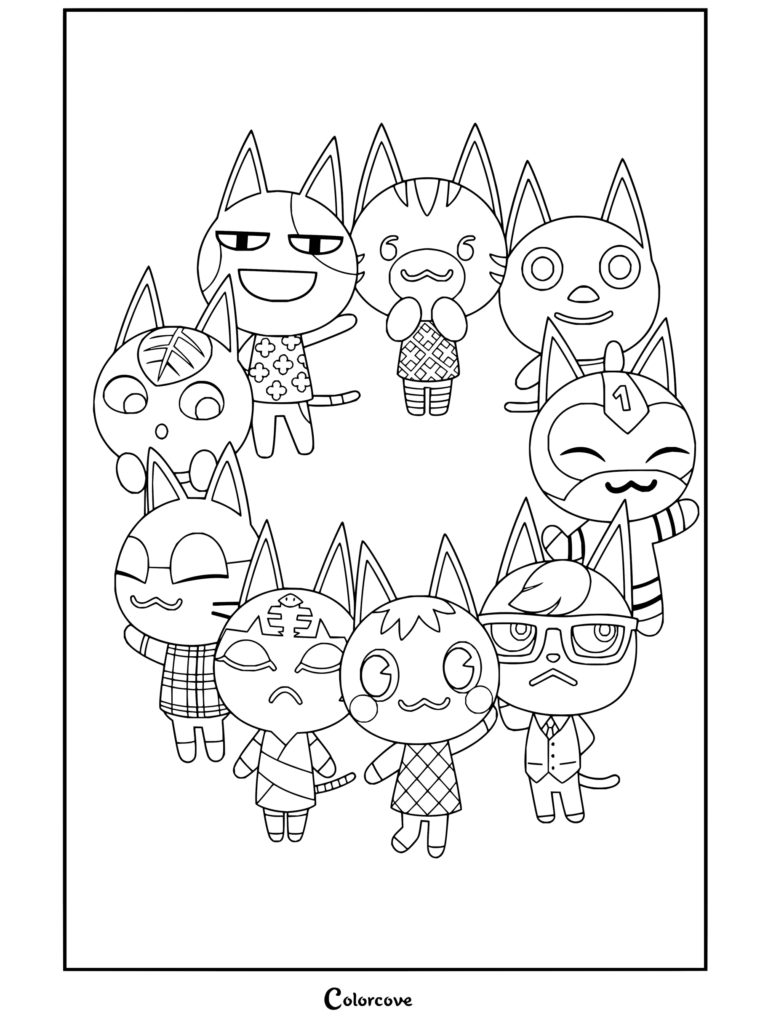 Dibujo para colorear e imprimir gratis de un grupo en círculo de aldeanos gato de Animal Crossing con populares vecinos felinos.