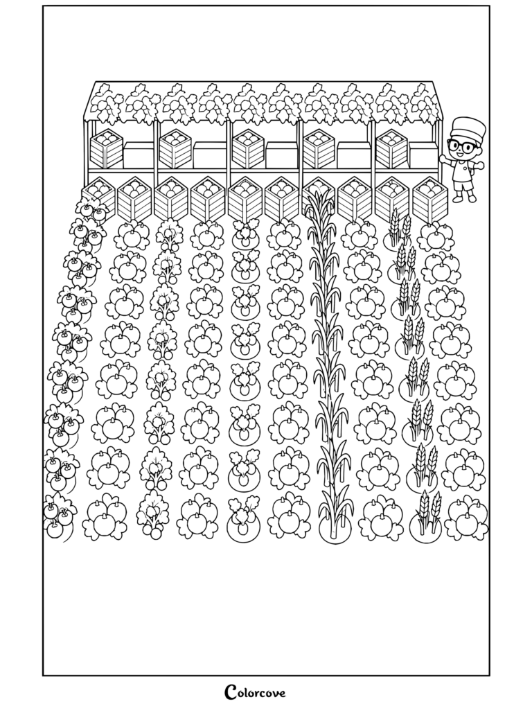 Dibujo para colorear e imprimir de Animal Crossing con el personaje del jugador junto a un puesto de mercado agrícola con cosechas.