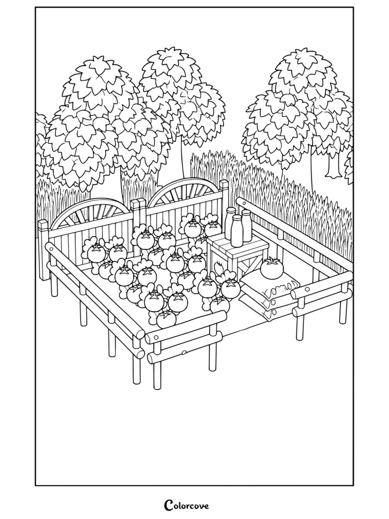Dibujo para colorear de un huerto de tomates de Animal Crossing con valla de madera y cajas de hortalizas.
