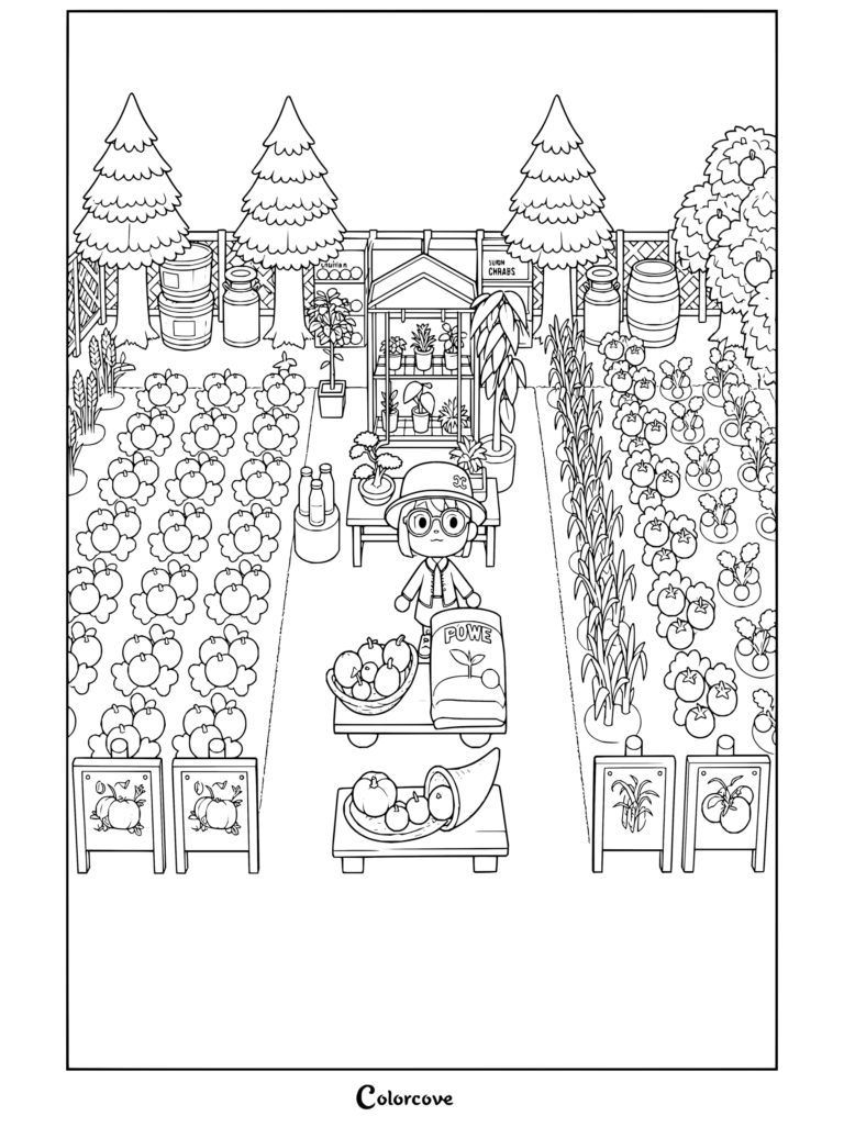 Dibujo para colorear de un aldeano de Animal Crossing cuidando el huerto.