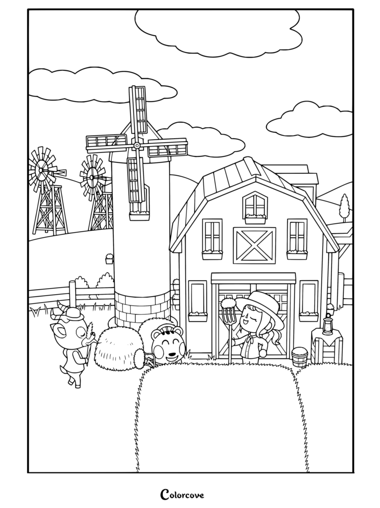 Dibujo para colorear de Animal Crossing con aldeanos cultivando cerca de un gran granero y un molino de viento.