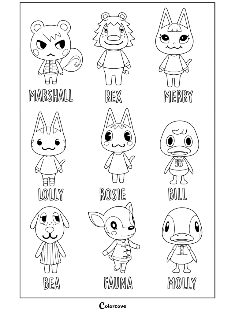 Lámina imprimible para colorear de Animal Crossing con una cuadrícula de los aldeanos Munchi, Rex, Merry, Feli, Rosie, Bill, Bea, Fauna y Deira.