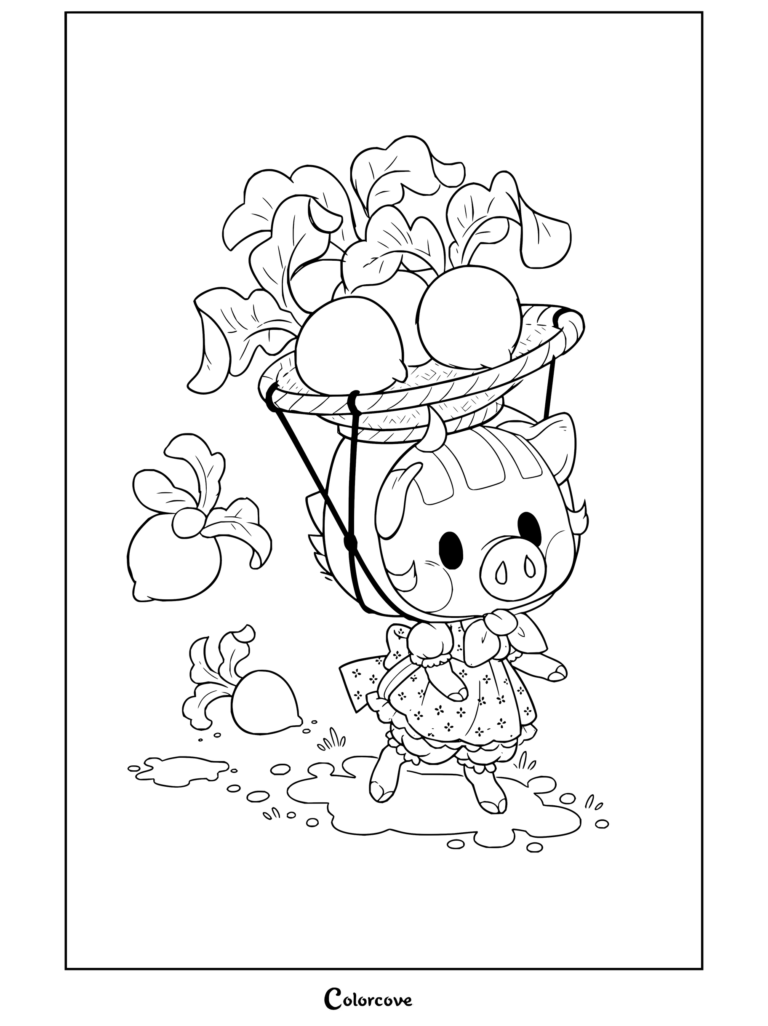 Juliana llevando una cesta de nabos en la cabeza en este dibujo para colorear de Animal Crossing.