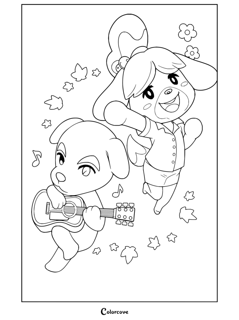 Dibujo para colorear de Animal Crossing con Canela y Totakeke saltando y tocando la guitarra.