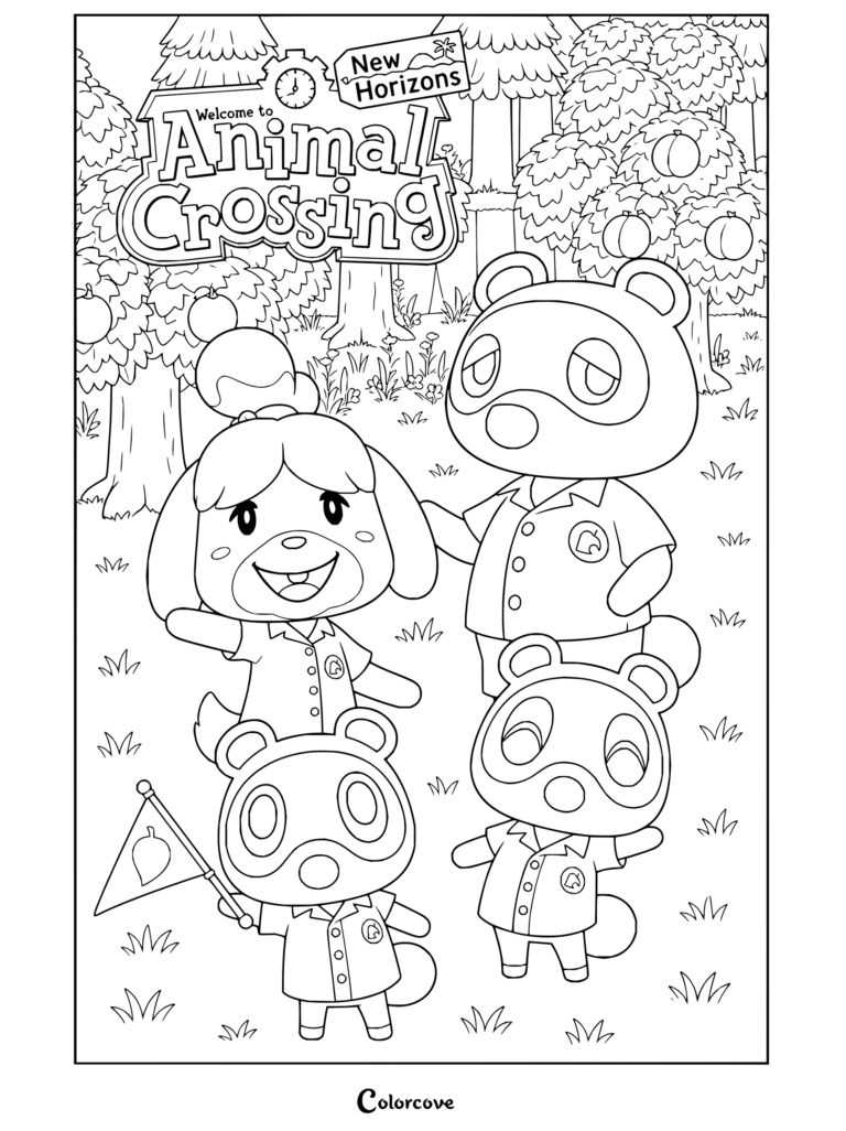 Dibujo para colorear e imprimir con Canela y Tom Nook junto a Tendo y Nendo en Animal Crossing: New Horizons.