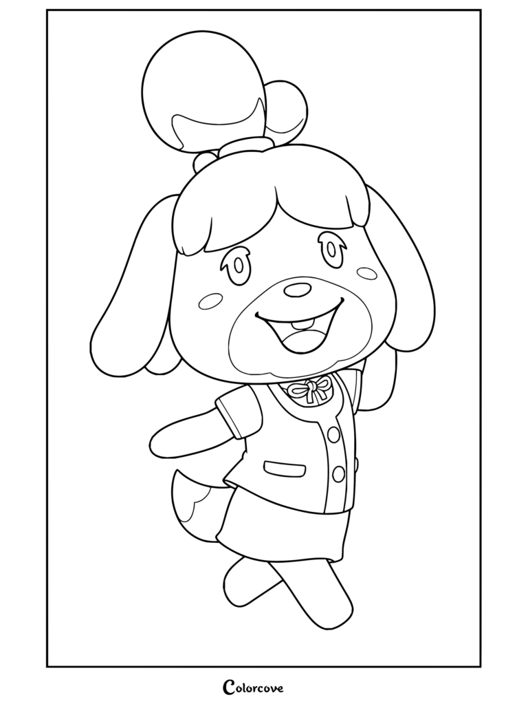 Dibujo para colorear e imprimir de Canela de Animal Crossing sonriendo alegremente con su clásico chaleco verde y vestido.