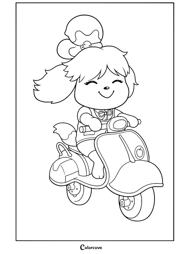 Dibujo gratis para colorear de Animal Crossing con Canela montando en un patinete verde.