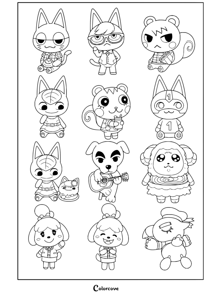 Dibujo para colorear con una colección de personajes de Animal Crossing como Totakeke, Canela, Narciso, Munchi y sus amigos.