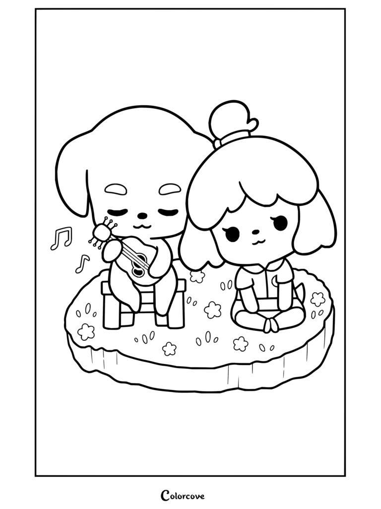 Dibujo para colorear de Animal Crossing con Canela sentada junto a Totakeke mientras toca la guitarra en un rincón de la isla.