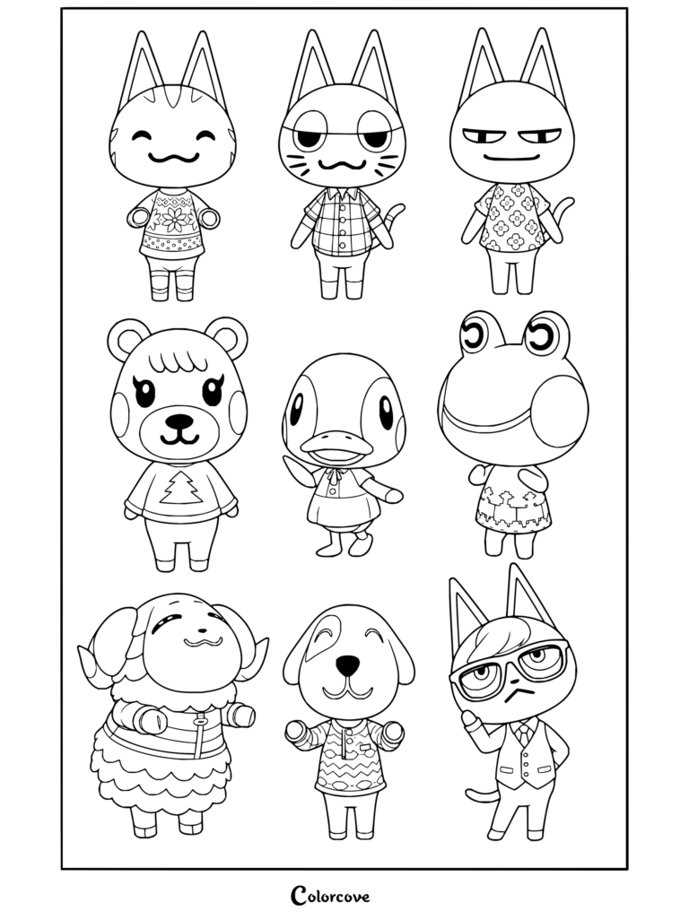 Dibujo para colorear de Animal Crossing con los aldeanos Feli, Félix, Bob, Dulce, Deira, Liriam, Dom, Cuqui y Narciso en una cuadrícula.