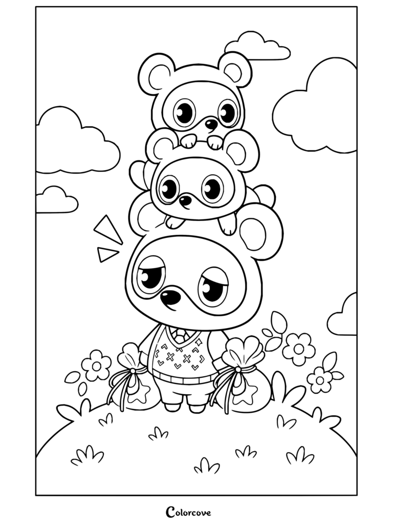 Dibujo para colorear de Animal Crossing con Tom Nook junto a Tendo y Nendo sosteniendo sacos de bayas en un campo de hierba con flores y nubes.