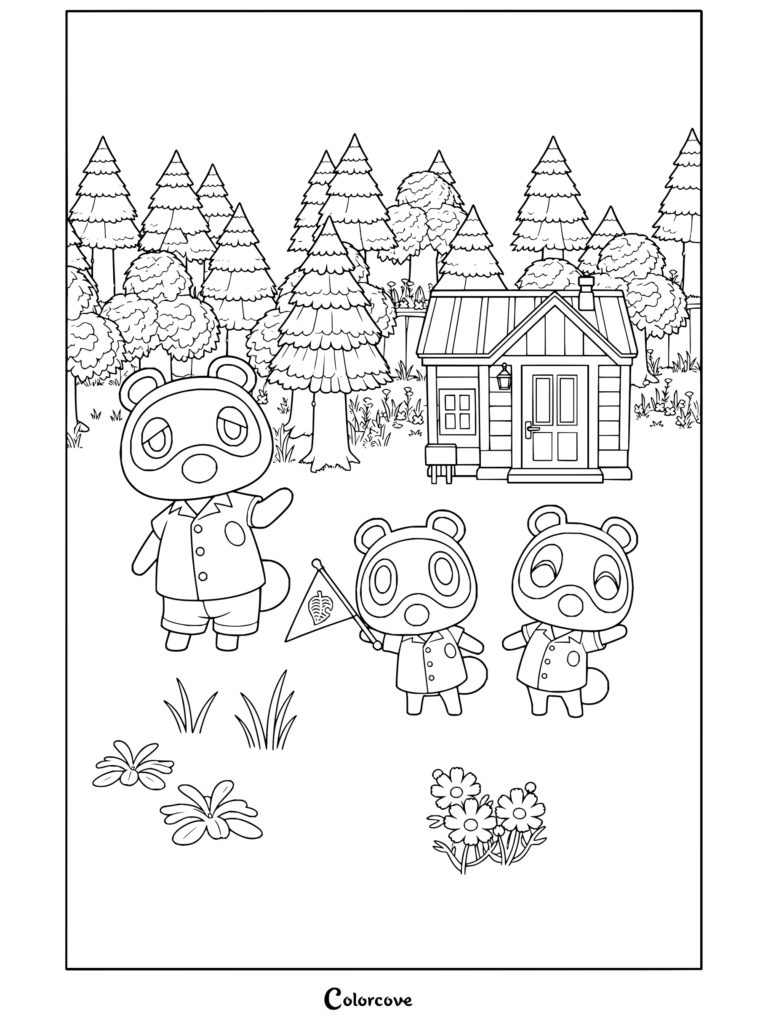 Dibujo para colorear de Tom Nook, Tendo y Nendo dando la bienvenida a los residentes a la isla en Animal Crossing: New Horizons.