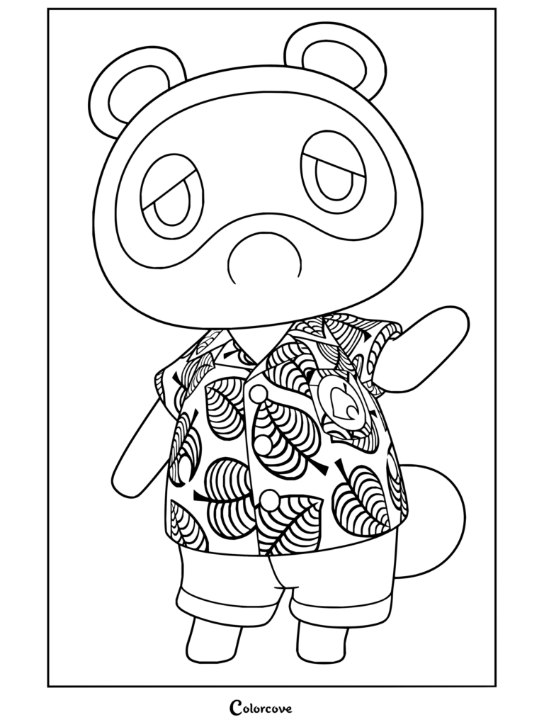 Dibujo para colorear e imprimir de Tom Nook saludando alegremente con su emblemática camisa hawaiana tropical de Animal Crossing.