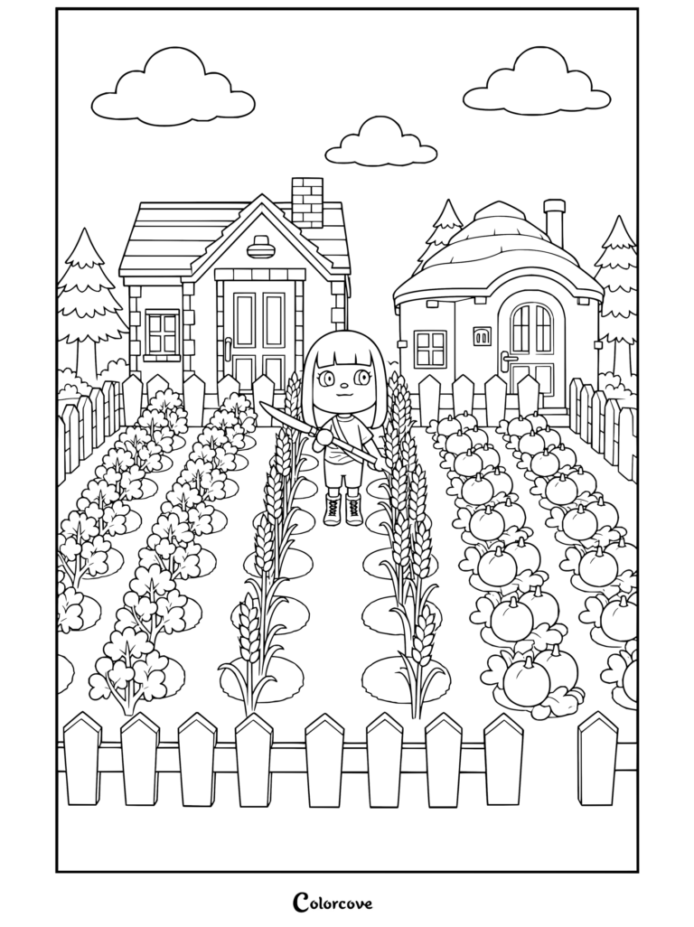 Dibujo para colorear de Animal Crossing con un aldeano cosechando en un huerto entre dos casas.