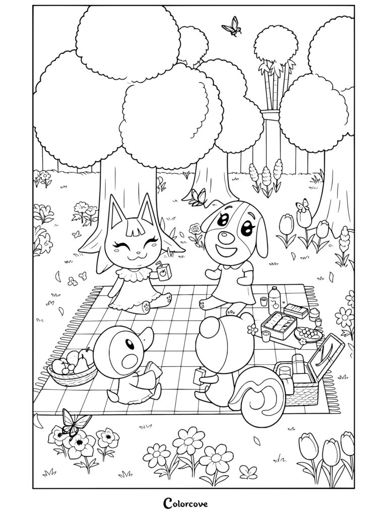 Dibujo para colorear de personajes de Animal Crossing de pícnic bajo los cerezos en flor, con aldeanos disfrutando de aperitivos y zumo sobre un mantel de cuadros en un prado soleado.