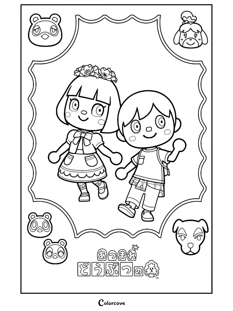Dibujo para colorear de Animal Crossing con personajes en versión chibi rodeados de iconos de Tom Nook y Canela.