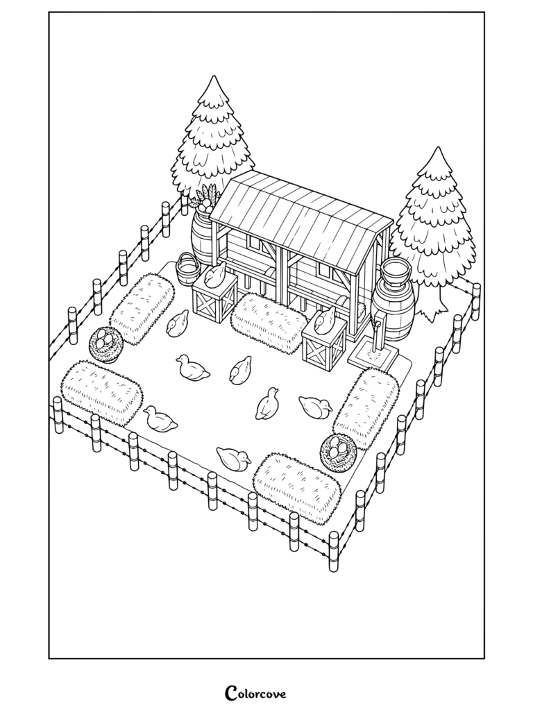 Dibujo para colorear de Animal Crossing con una granja con gallinero, fardos de heno, vallas, pinos y patos.