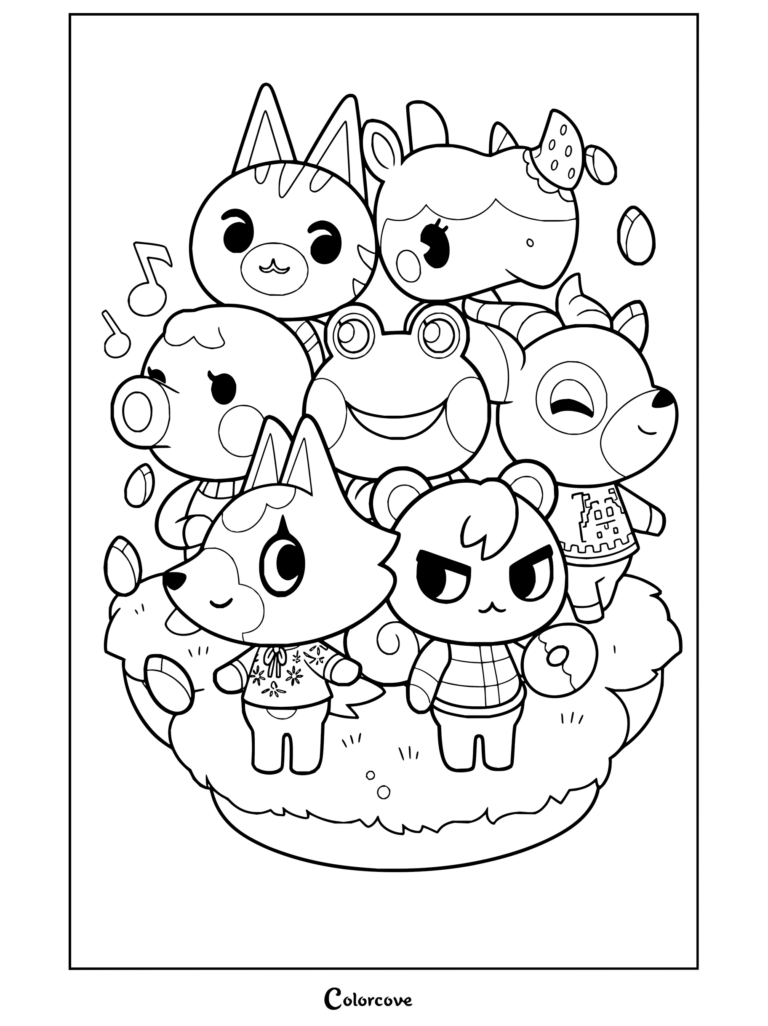 Dibujo para colorear de Animal Crossing con Feli, Merengue, Liriam, Cornio, Cristi y Munchi reunidos.