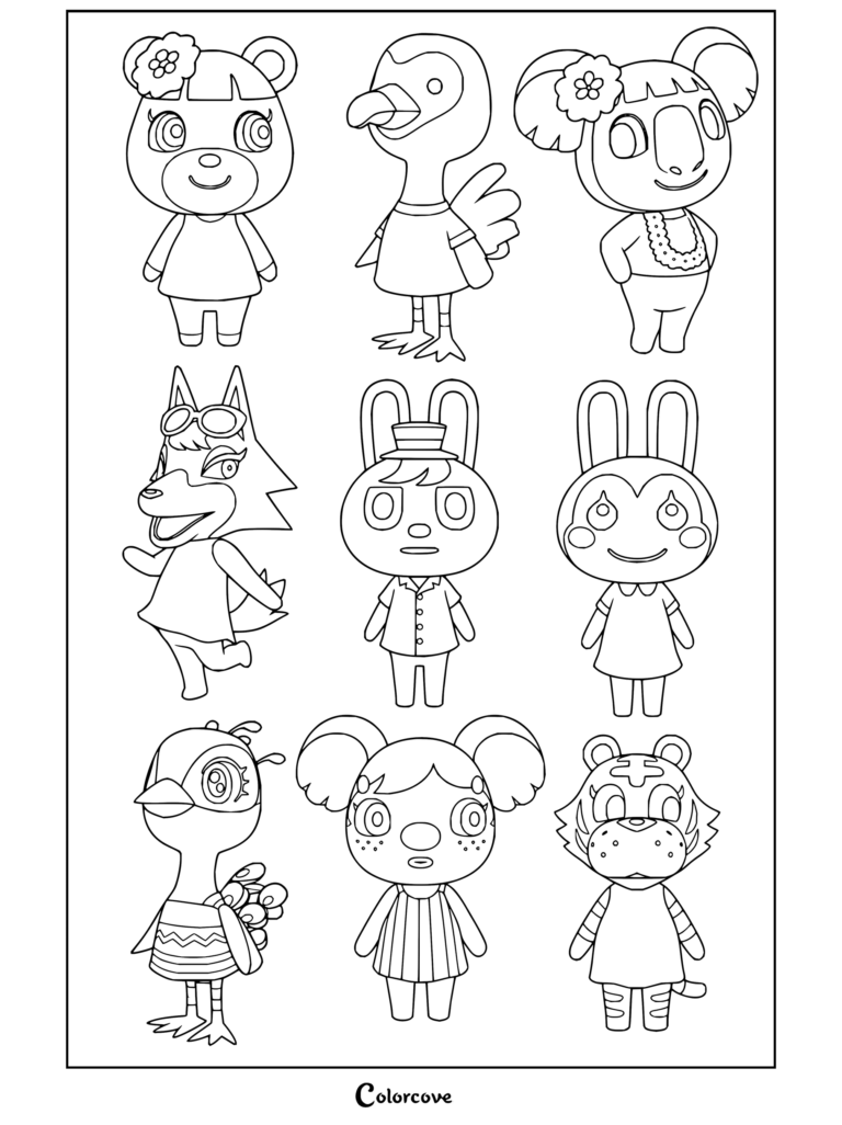 Dibujo para colorear de Animal Crossing con un retrato grupal de residentes de Happy Home Paradise, incluidos Dulce, Flora, Alice, Freya, Snake, Ruby, Julia, Marcie y Tiffany.